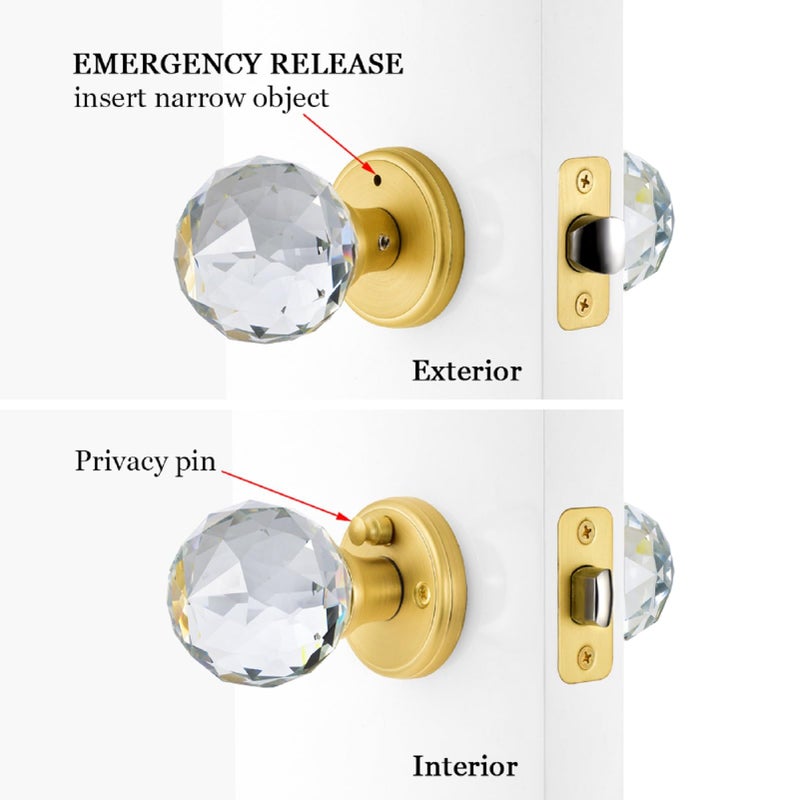 CLCTK Crystal Glass Door Knobs Interior with Lock, Privacy Bathroom Bedroom Door Knobs Gold Door Knob, Satin Brass - Image 3